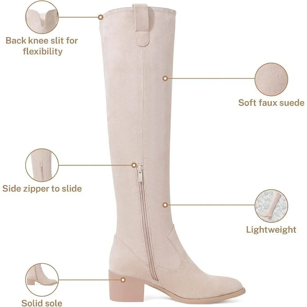 🆕Women's Beige Faux Suede Over The Knee Thigh High Chunky Heel Pointed Toe Boot